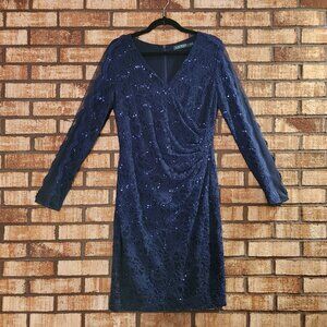 Lauren Ralph Lauren Blue Lace Long Sleeve Surplice Midi Dress Sequins Size 12